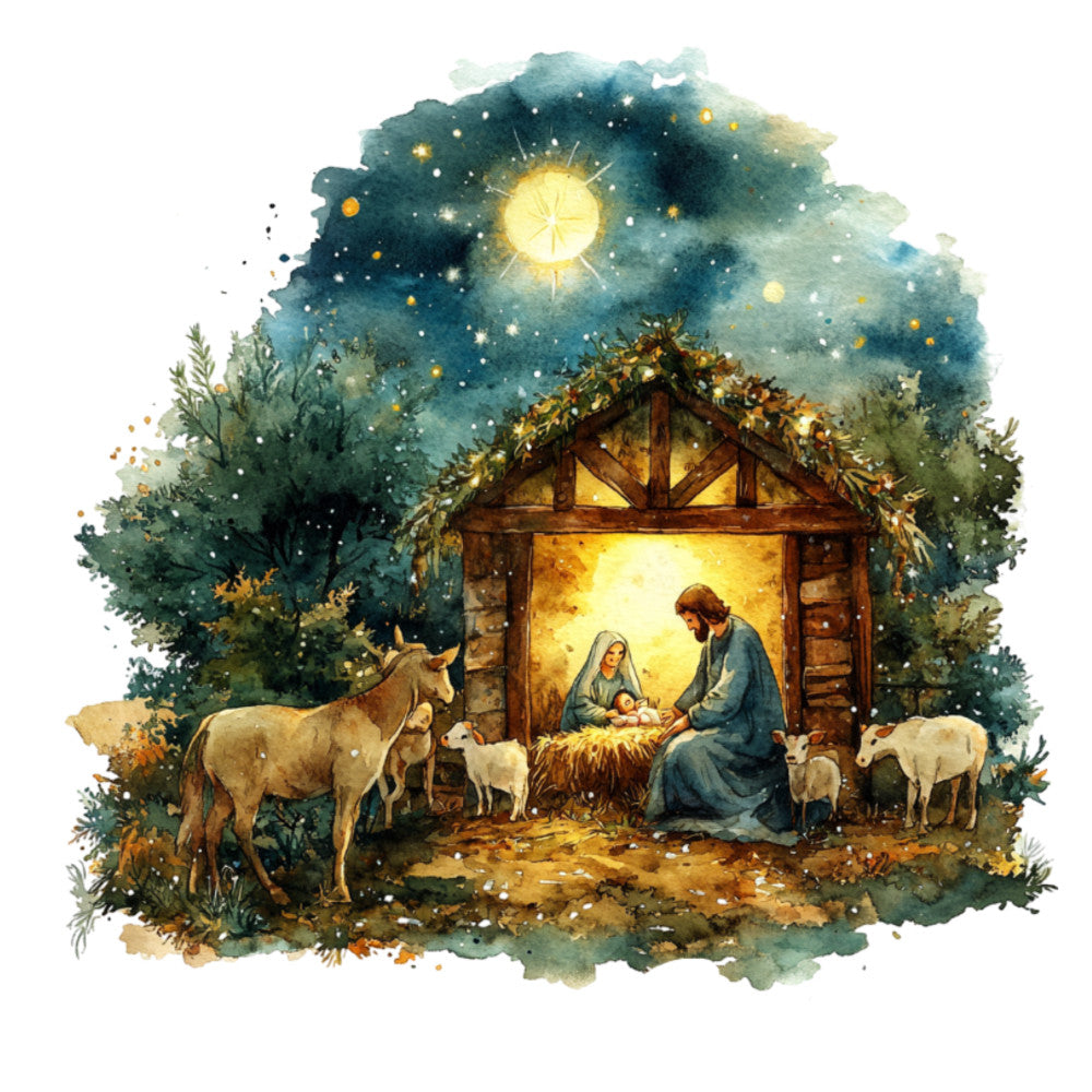 nativity, christmas, holy night, religious, spiritual, teal blue, forest green, gold, cream, warm white, animals, livestock, donkey, sheep, goats, starry night, celestial, bright star, stable, manger, traditional, whimsical, peaceful, rustic, farmhouse, vintage, nativity scene, holiday, winter, religious imagery