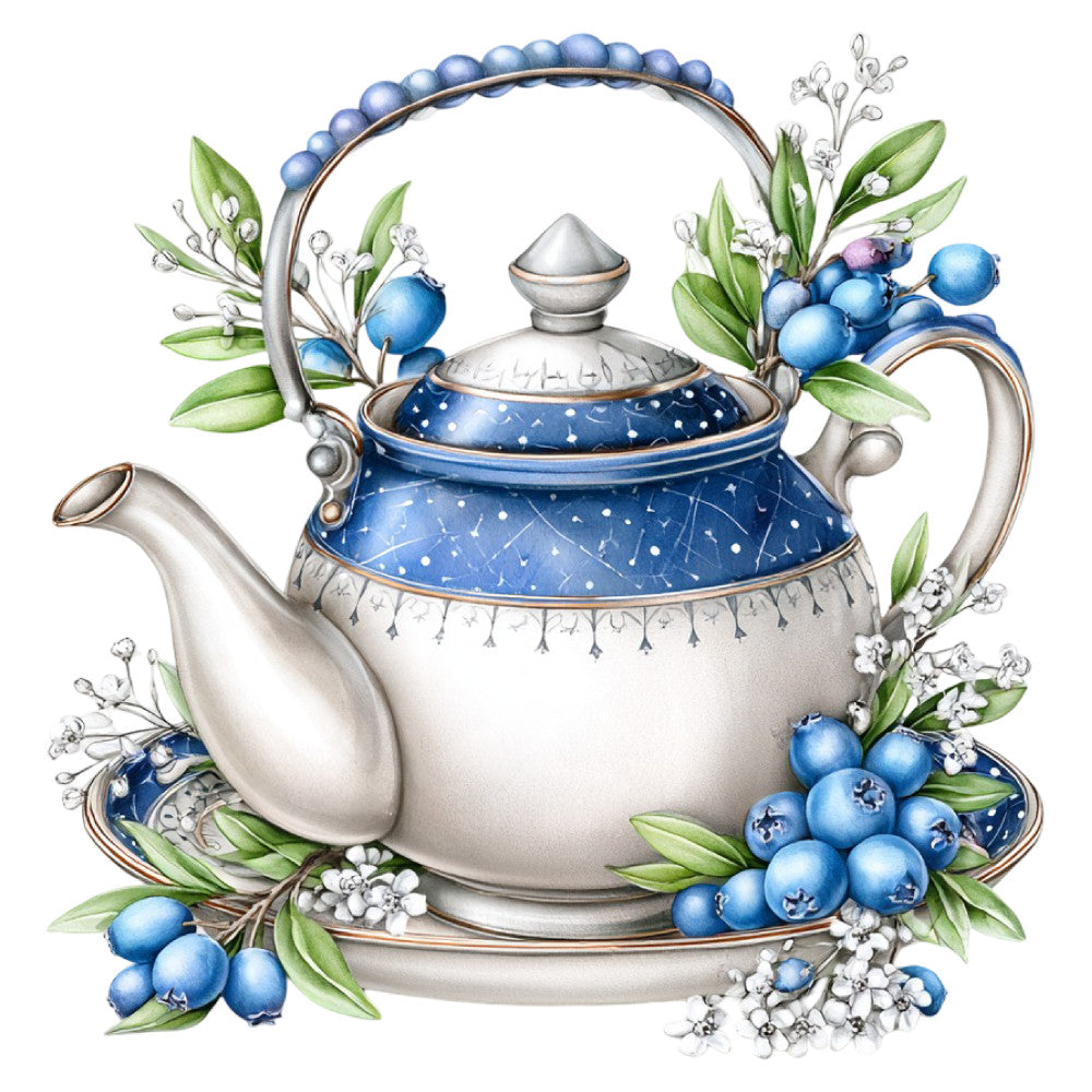 teapot, blue and white, blueberries, botanical, vintage, elegant, floral, nature, berries, leaves, white ceramic, decorative, traditional, tea time, botanical illustration, delicate flowers, blue florals, spring, summer, whimsical, cottage style, classic, ornate handle, berries and flowers, garden theme, powder blue, cream white, detailed illustration, timeless, sophisticated