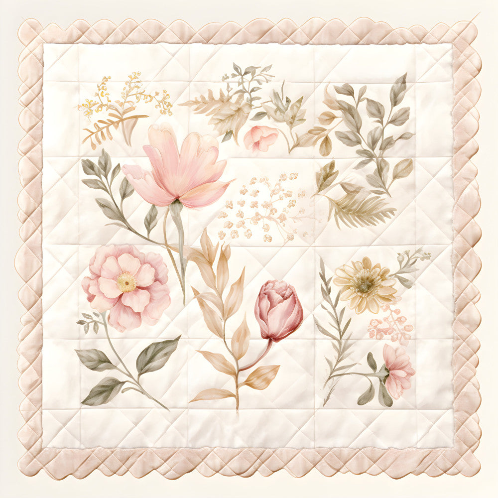 blush pink, cream, soft pink, sage green, taupe, peachy gold, floral, botanical, roses, peonies, tulips, cosmos, daisies, wildflowers, leaves, vintage, romantic, elegant, garden, spring, nature, soft, delicate, feminine, shabby chic, traditional, quilt panel, baby quilt, home decor, quilted border