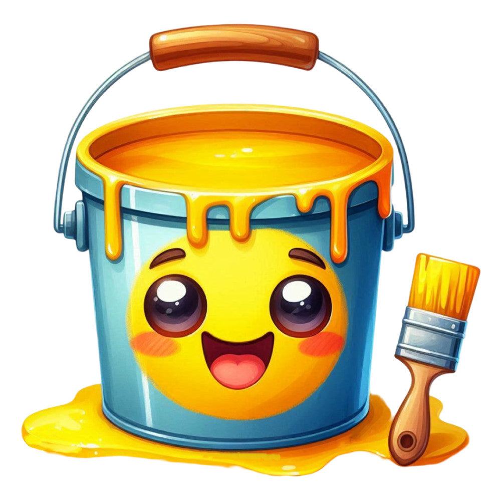bright yellow, sky blue, orange, cheerful, cute, whimsical, paint bucket, paintbrush, happy face, smiling character, children's, kids, playful, artistic, creative, crafty, diy, fun, illustration, cartoon, character panel, baby, nursery, educational, colorful, vibrant, contemporary, charming, themed, novelty
