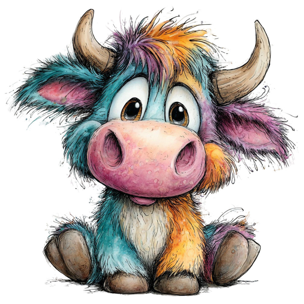 whimsical, colorful cow, multicolor, teal, purple, orange, pink, yellow, cute animals, playful, children's, farm animals, bovine, cartoon style, illustration, character panel, bright colors, vibrant, folk art, artistic, nursery, baby, decorative art, rainbow colors, soft colors, fun, cheerful, textile art