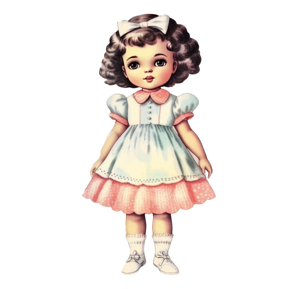vintage doll, retro girl, 1950s fashion, nostalgic children, blush pink, cream white, pale blue, soft pastels, doll face, classic doll, traditional dress, peter pan collar, puffed sleeves, lace trim, bow hair clip, curled hair, whimsical, sweet, charming, cottage core, nursery, baby girl, children's fabric, storybook, illustrated, classic illustration, timeless design, innocent, adorable