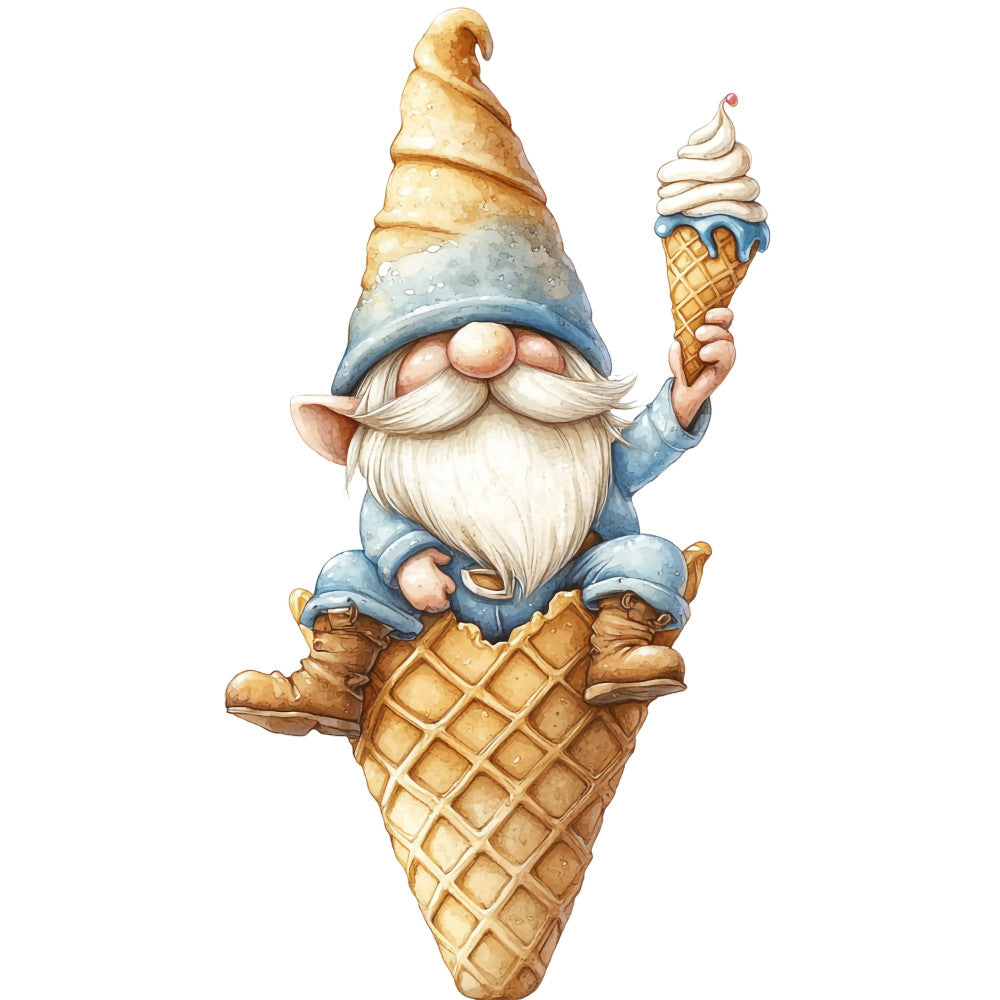 gnome, ice cream cone, whimsical, playful, summer, blue, cream, tan, gold, brown, novelty, children's, dessert, sweet treats, food themed, quirky, cute, fantasy, magical, pointy hat, character, conversation print, colorful, fun, casual, lighthearted, apricot, soft blue