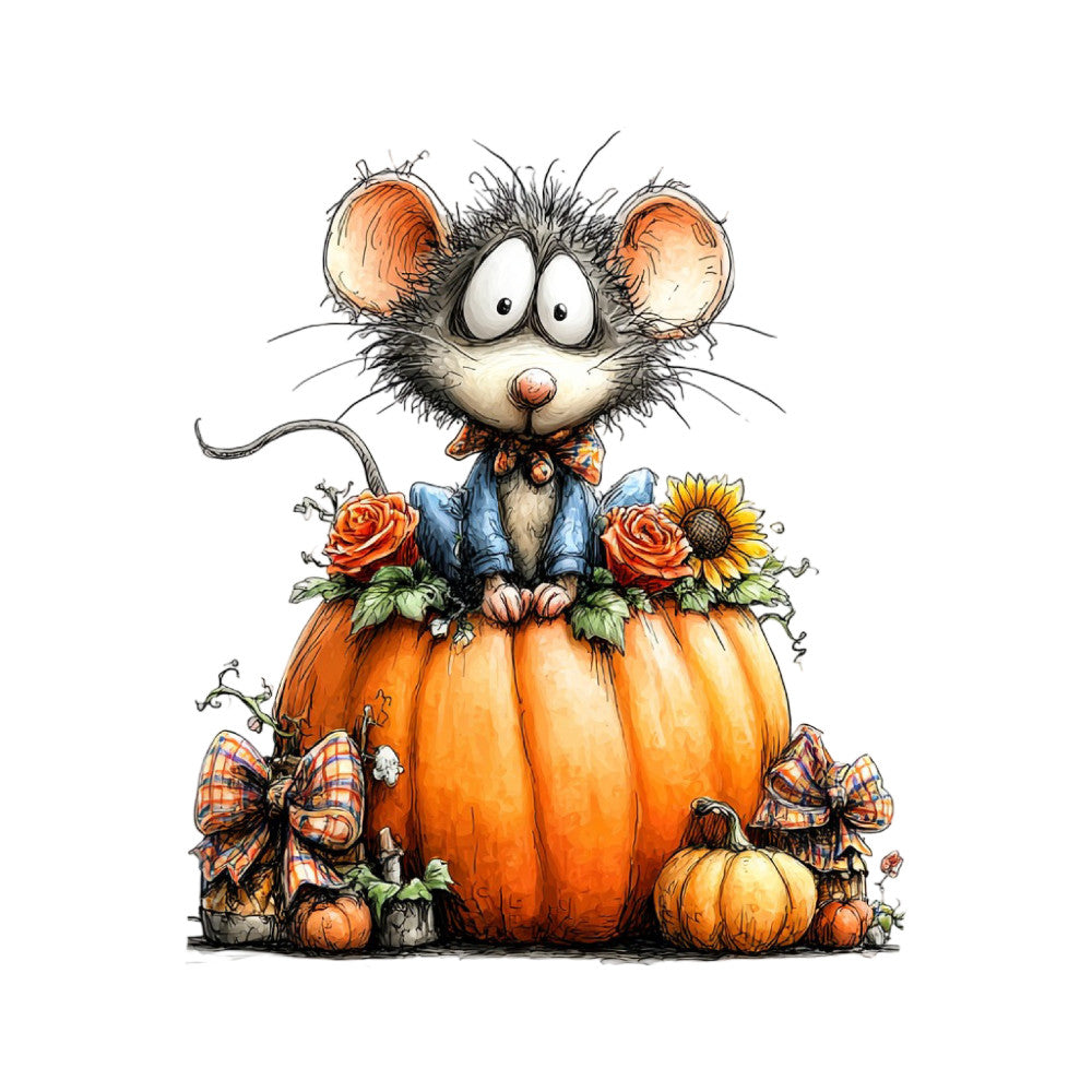 autumn, fall, harvest, mouse, whimsical, farmhouse, pumpkin, orange, burnt orange, cream, navy blue, plaid, sunflower, roses, red roses, bow, cute animals, children's, seasonal, rustic, folk art, country, pumpkin patch, storybook, illustrated, charming, cottage core, nature, floral, animal character