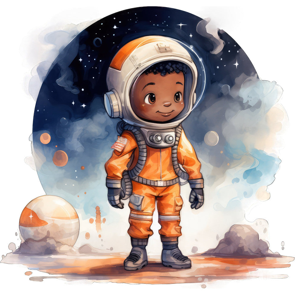astronaut, space, cosmic, orange, navy blue, cream, rust, stars, moon, celestial, whimsical, children, kids, adventure, exploration, sci-fi, science fiction, modern, playful, cute character, planet, clouds, boy, gender neutral, nursery, baby quilt, wall hanging, inspirational, dreamy, soft colors