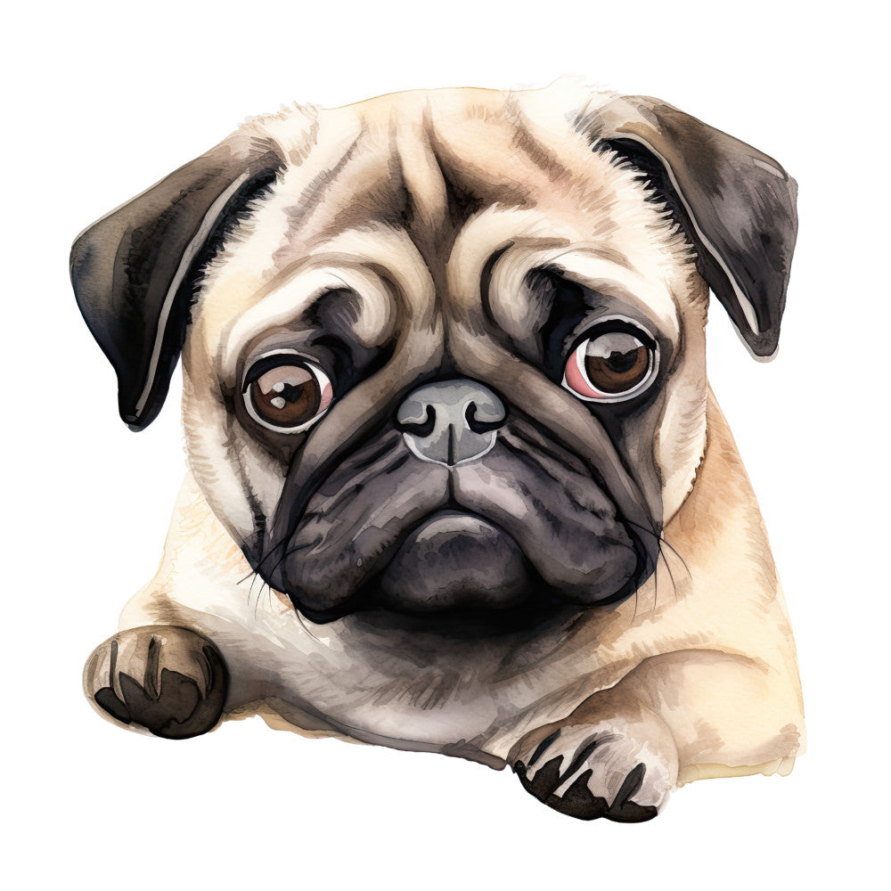 Watercolor Pug Fabric Panel 30 featuring a detailed, hand-painted pug face on premium 100% quilting cotton fabric.
