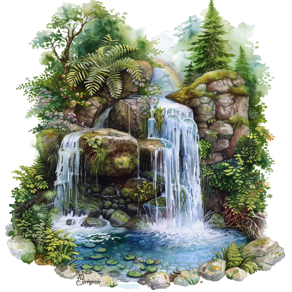 watercolor painting, summer landscape, forest waterfall, cascading water, moss covered rocks, green foliage, ferns, pine trees, lily pads, rainbow mist, fabric panel, quilting cotton, nature scene, tranquil pool, woodland setting, botanical illustration, soft pastels, aqua blue, emerald green, earth tones