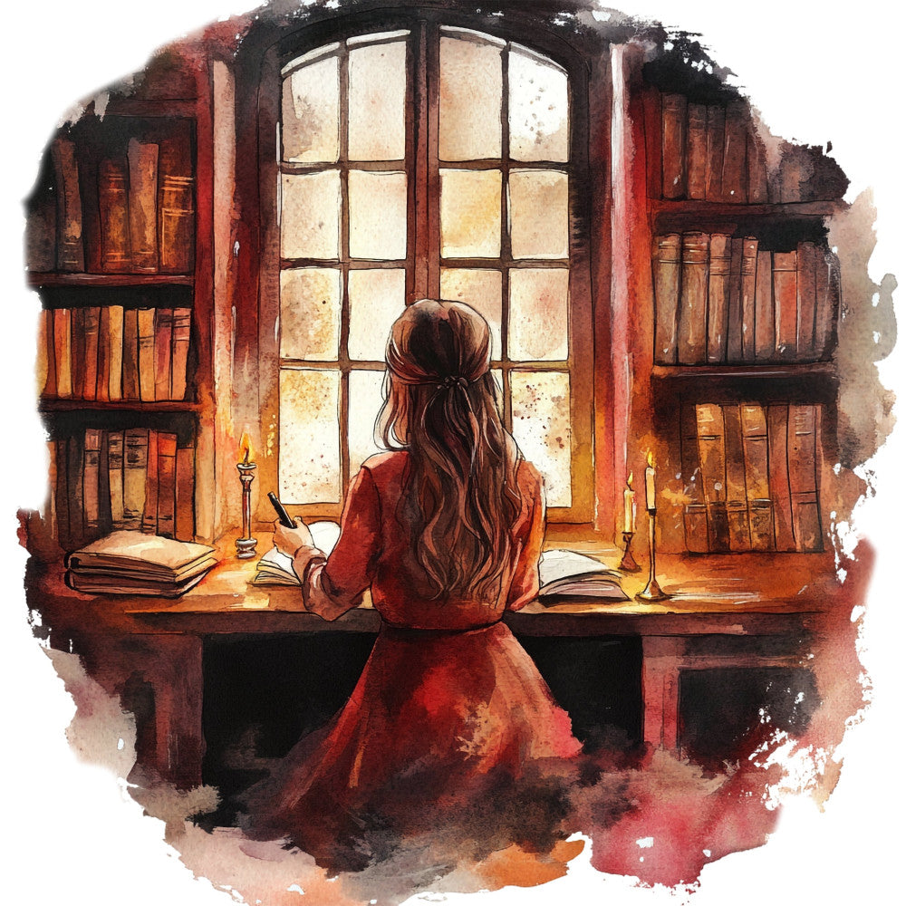 burgundy, deep red, rust, burnt orange, warm brown, gold, cream, warm tones, literary, vintage, romantic, elegant, woman writing, study, library, books, candlelight, window, historical, classic literature, inspired, academic, scholarly, nostalgic, artistic, peaceful, contemplative, reading nook, intellectual, dark academia