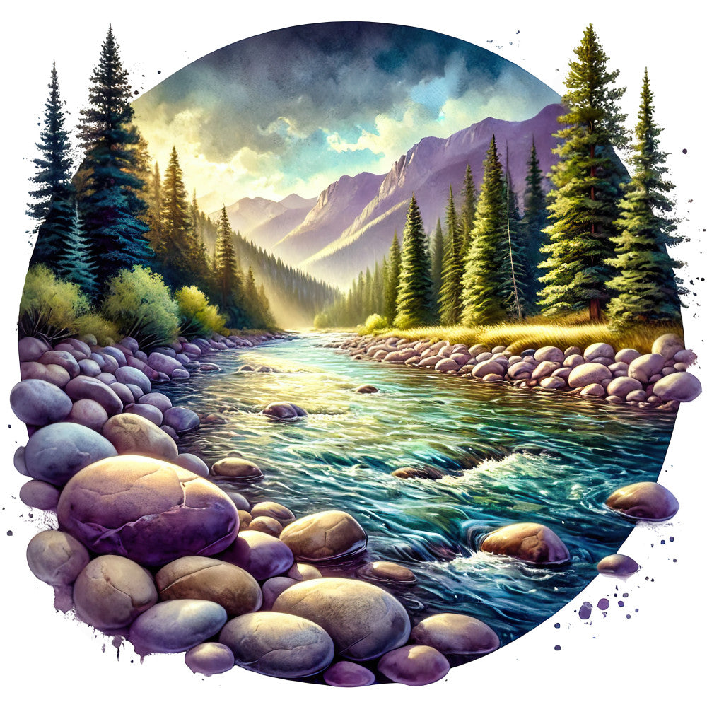 fabric panel, rocky mountains, mountain landscape, flowing river, evergreen trees, purple mountains, turquoise water, rounded rocks, forest scene, nature design, watercolor style, scenic vista, pine trees, mountain stream, peaceful mood, outdoor theme, wilderness scene, circular composition, quilting cotton, nature panel
