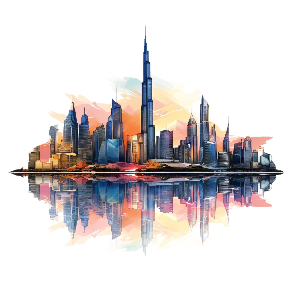 dubai skyline, burj khalifa, cityscape, skyscrapers, water reflection, sunset colors, orange sky, blue buildings, modern architecture, urban landscape, fabric panel, quilting cotton, watercolor style, contemporary art, middle east theme, city silhouette, geometric buildings, vibrant colors, coral pink, golden yellow