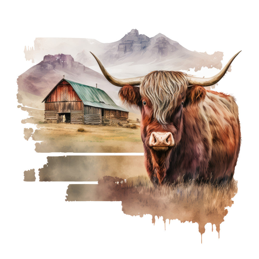 Watercolor Highland Cows Fabric Panel 13 featuring a detailed Highland cow in front of a rustic barn and misty mountain backdrop.