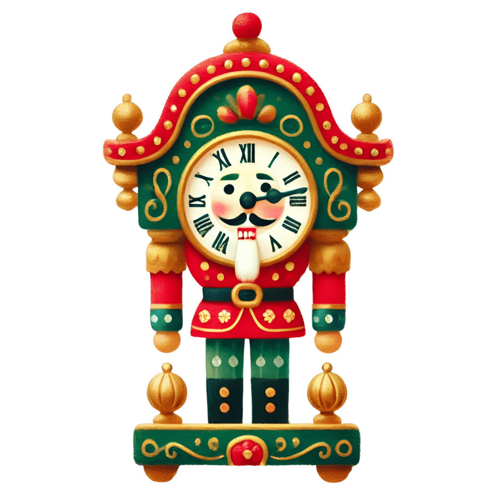 nutcracker, cuckoo clock, holiday, christmas, whimsical, vintage, traditional, festive, red, forest green, gold, cream, decorative clock, german, bavarian, folk art, nostalgic, retro, seasonal, winter, wall hanging, home decor, toy soldier style, ornate, hand-painted look, character face, mechanical, decorative panel, yuletide