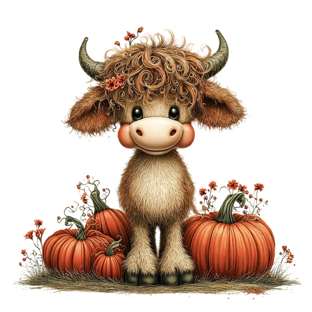 highland cow, fall pumpkin, autumn, rustic, whimsical, farmhouse, brown, cream, rust orange, forest green, bronze, floral accents, nature, farm animals, cattle, pumpkins, harvest, seasonal, folk art, charming, adorable, country, pastoral, woodland, decorative panel, wall art, nursery, children's design, cute animals