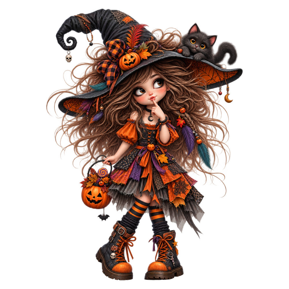 halloween witch, orange and black, pumpkin, black cat, witch hat, spiderweb, autumn, fall, whimsical, gothic, striped stockings, festive, holiday, jack-o-lantern, plaid ribbon, purple accents, chocolate brown, rust orange, candy corn colors, character panel, novelty, spooky, celestial moon, enchanted, costume, decorative, children's, character illustration