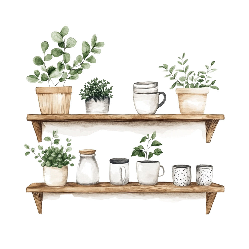 sage green, cream, tan, beige, light green, watercolor, botanical, nature, plants, herbs, potted plants, shelving, farmhouse, rustic, vintage, home decor, kitchen, minimalist, scandinavian, botanical illustration, greenery, leaf, leaves, garden, spring, summer, cottage core, natural, earthy tones, wall hanging