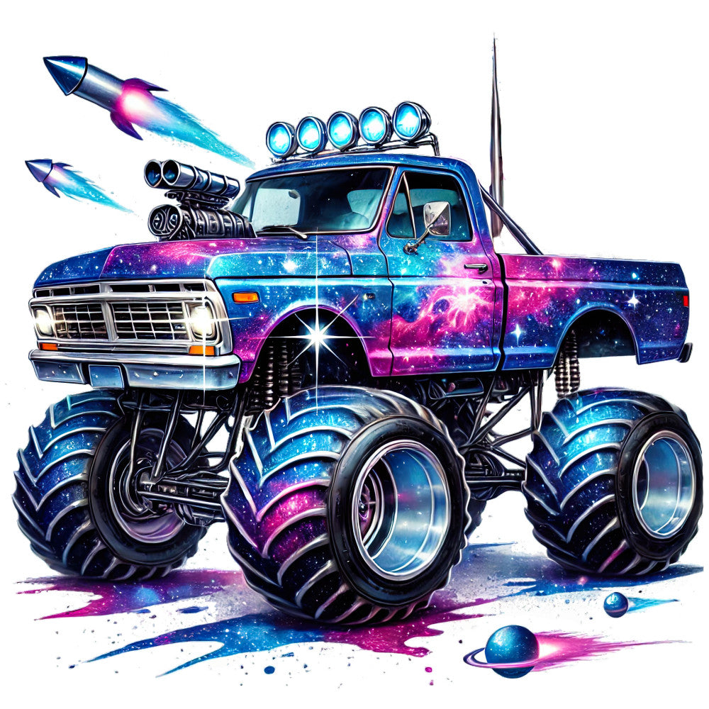 neon pink, electric blue, purple, magenta, cyan, galaxy print, cosmic theme, space themed, nebula, stars, celestial, abstract, modern, whimsical, futuristic, monster truck, lifted truck, oversized wheels, rocket ships, planets, vibrant, bold colors, neon glow, metallic accents, retro futuristic, pop art, kids theme, adventure theme, transportation theme
