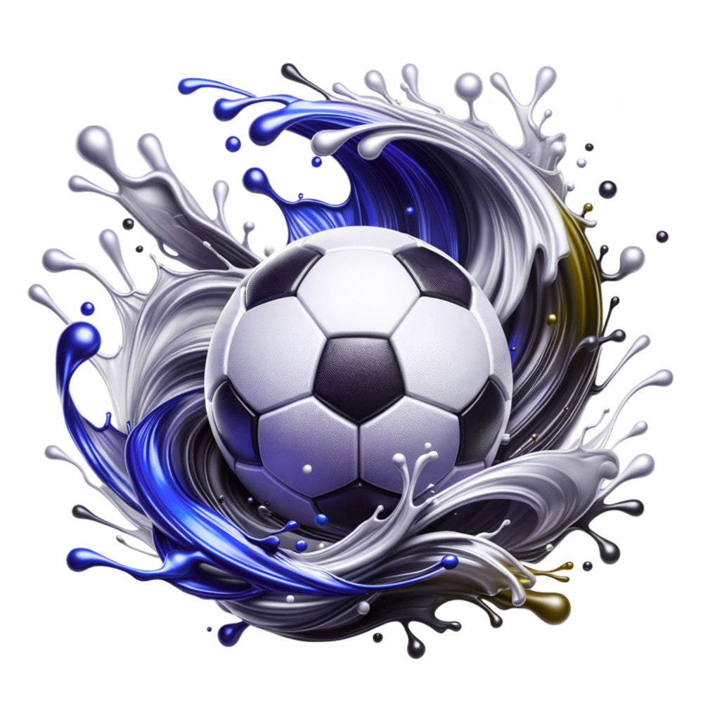 soccer ball, watercolor style, blue splashes, purple tones, gray splashes, white background, liquid motion, sports theme, dynamic swirls, fabric panel, quilting cotton, athletic design, fluid art, splashing water, hexagonal pattern, monochromatic blues, artistic splash, soccer motif, flowing design, contemporary style