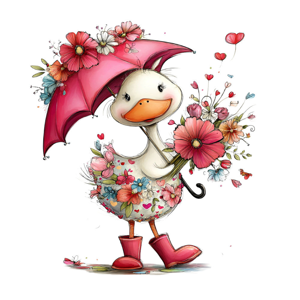 whimsical duck, floral, pink, coral, cream, orange, red boots, heart motifs, gerbera daisies, spring, summer, nature, animals, umbrella, cottage core, cheerful, playful, children's, baby, girl, romantic, botanical, flower bouquet, vintage inspired, folk art, decorative, illustrative, colorful