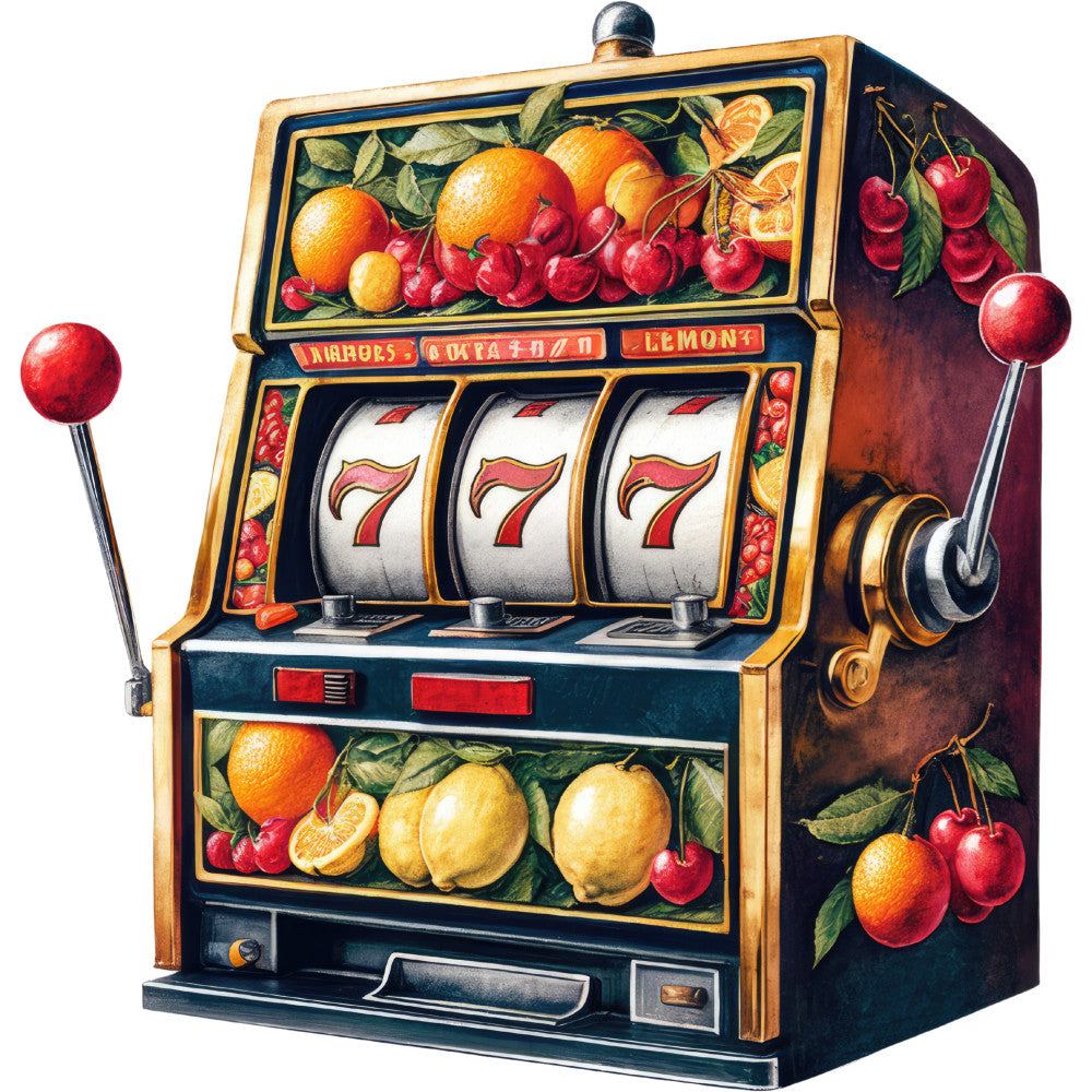 slot machine, casino gaming, fruit symbols, cherries, oranges, lemons, lucky sevens, red, orange, yellow, green, gold trim, vintage style, gambling theme, jackpot reels, watercolor art, fabric panel, quilting cotton, gaming motif, retro illustration
