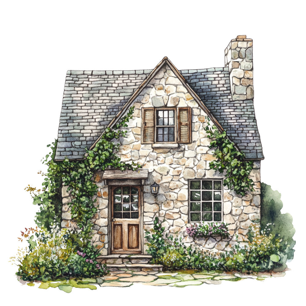 stone cottage, watercolor illustration, english countryside, ivy covered walls, slate roof, chimney, wooden shutters, garden pathway, flowering plants, cream colored stone, gray roof tiles, cottage core, rustic charm, pastoral scene, fabric panel, quilting cotton, botanical elements, cozy home, country living, architectural design