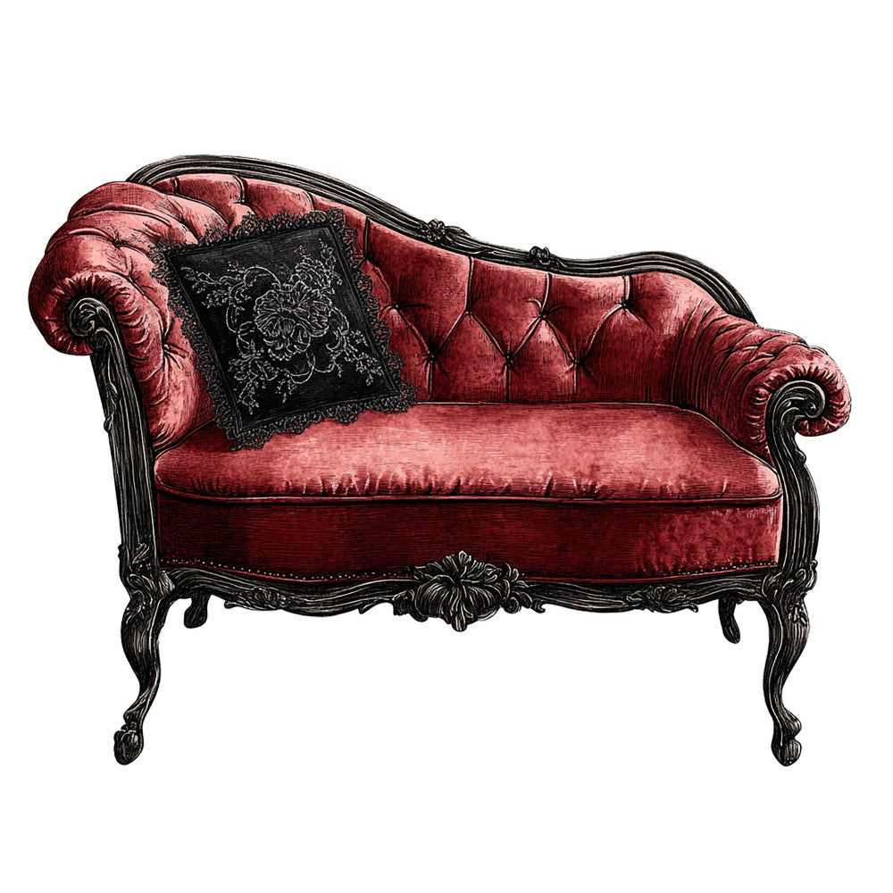 burgundy, deep red, black, ornate furniture, vintage chaise lounge, tufted upholstery, decorative pillow, carved wood frame, victorian style, gothic romance, elegant curves, luxurious velvet, antique seating, ornamental details, rich textures, dramatic mood, fabric panel, quilting cotton, romantic theme, opulent furnishing