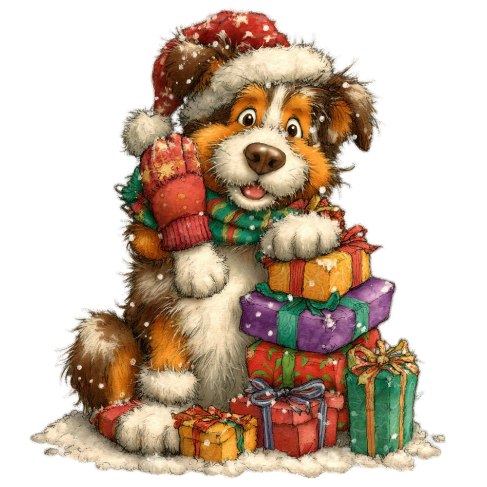 christmas dog, holiday puppy, festive animals, red santa hat, green scarf, colorful gifts, wrapped presents, winter dog, snow scene, cheerful dog, happy puppy, red and green, gold accents, purple gifts, orange gifts, whimsical style, children's fabric, cute animals, seasonal decoration, christmas theme, holiday decor, festive mood, playful character, dog lover, pet themed, family friendly, joyful expression, gift giving, winter holiday, stocking stuffer fabric