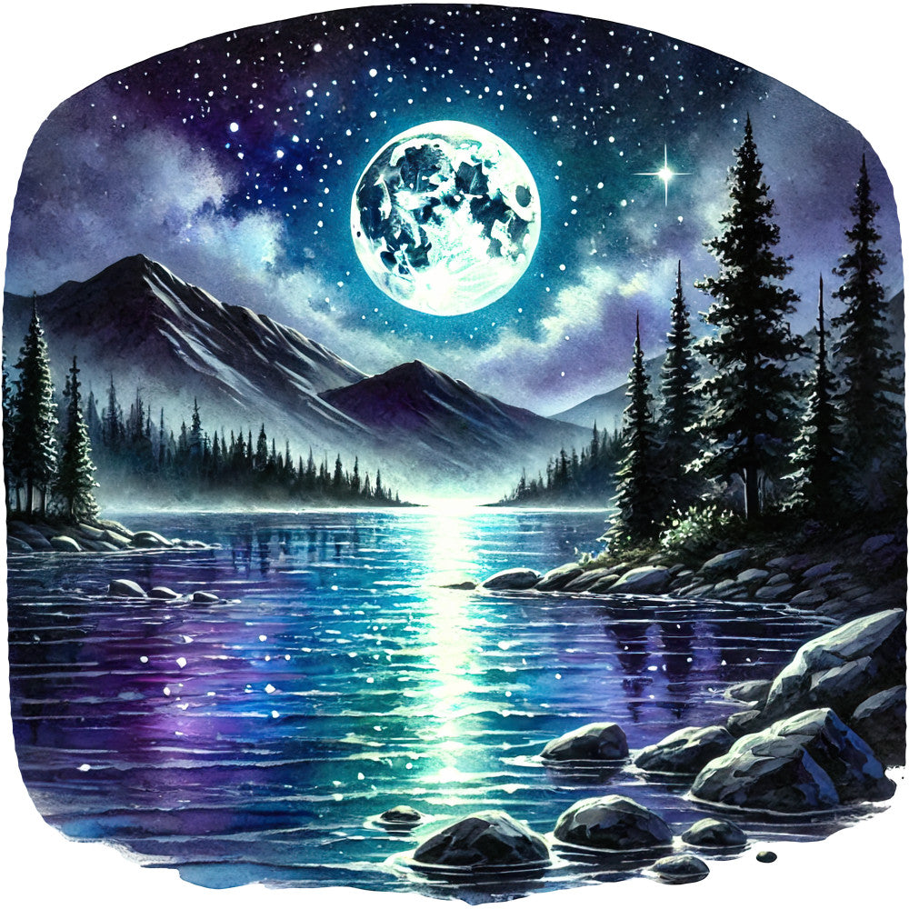 fabric panel, moonlit landscape, full moon, starry night, mountain scene, evergreen trees, lake reflection, rocky shoreline, navy blue, turquoise, purple hues, celestial sky, winter scene, nature artwork, quilting cotton, wilderness theme, nocturnal setting, watercolor style, peaceful mood, outdoor adventure