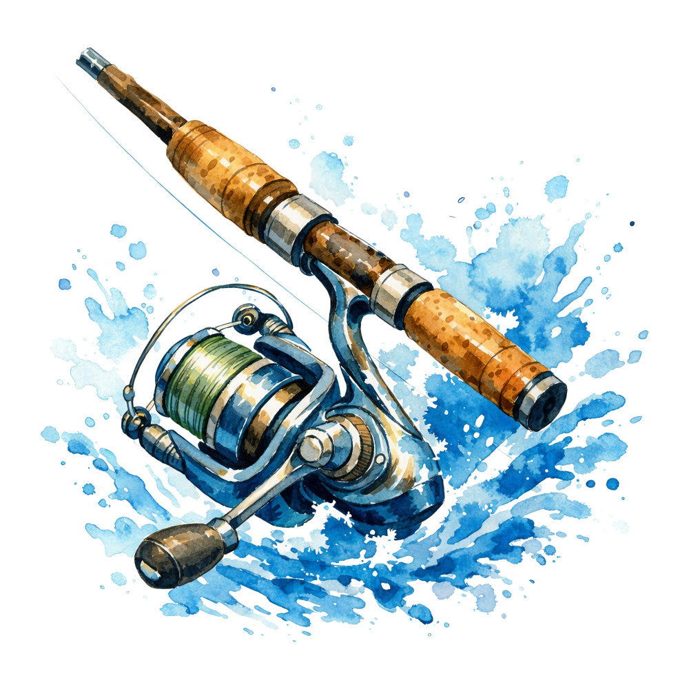 fishing, fishing rod, fishing reel, nautical, water, ocean, blue watercolor, splash, watercolor art, fishing theme, outdoor sports, coastal, adventure, water sports, blue splatter, turquoise, navy blue, light blue, sky blue, watercolor splash, artistic, modern, masculine, hobby, recreation, fishing equipment, angler, catch