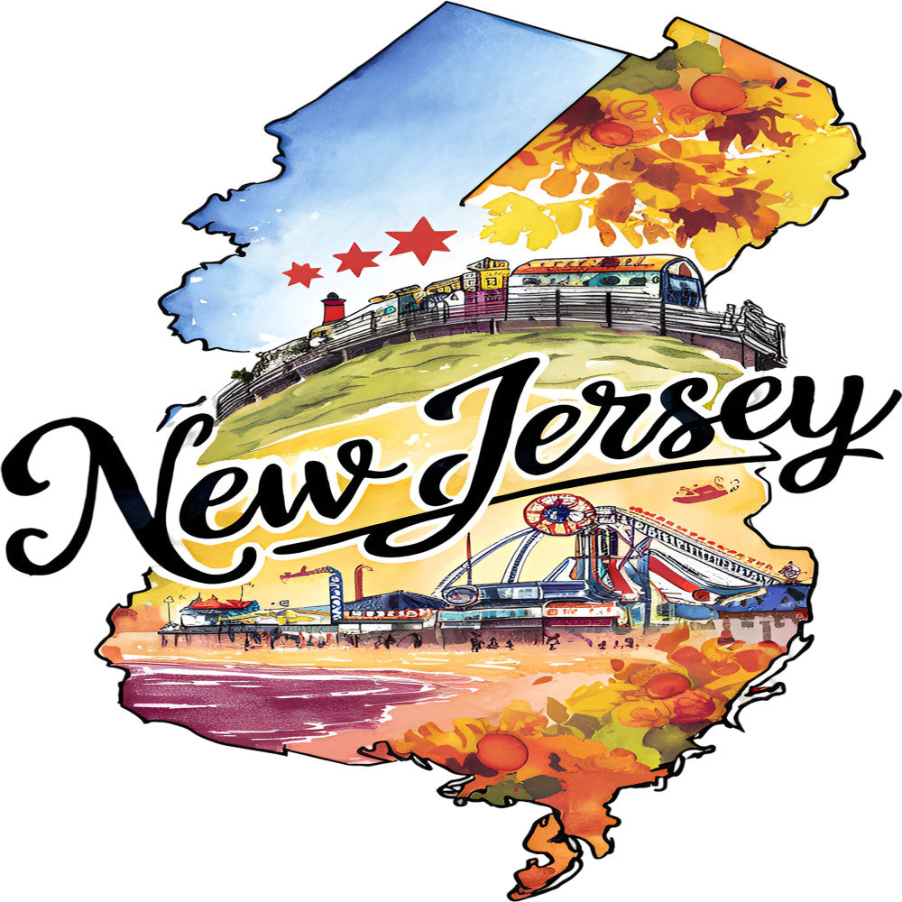 Classic US States Fabric Panel 41 featuring a vibrant New Jersey map design with landmarks and autumn foliage in premium quilting cotton.