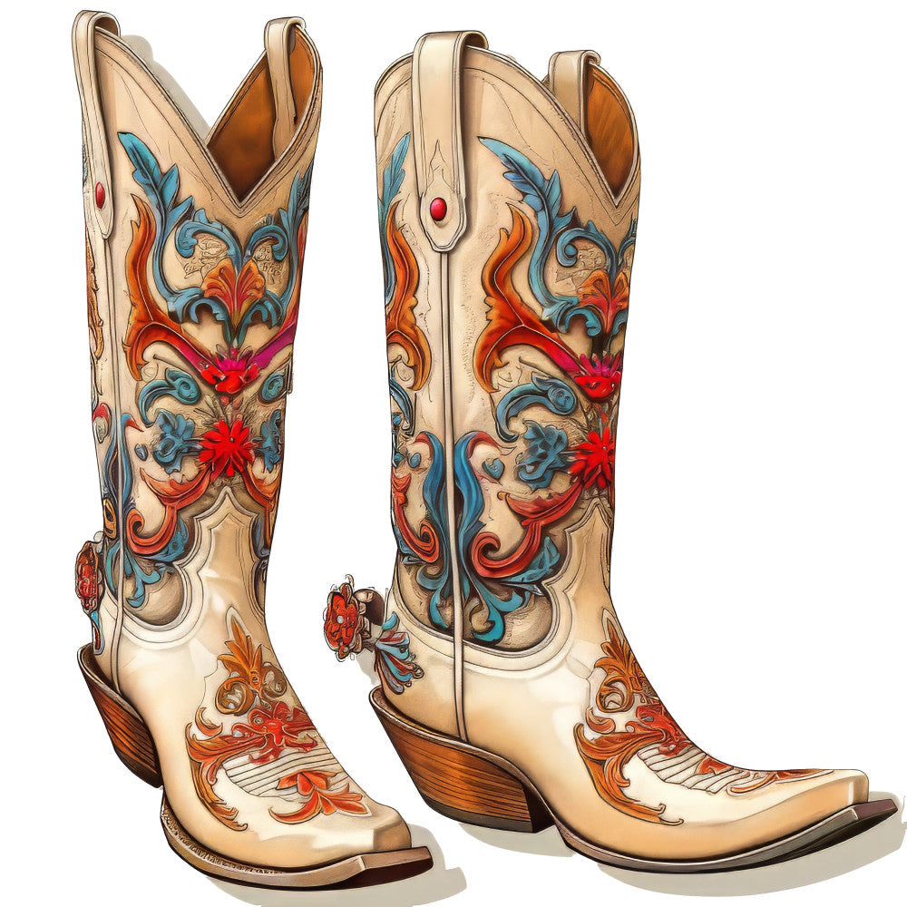 cowboy boots, western, cream, red, blue, orange, turquoise, decorative, ornamental, scrollwork, floral, baroque, ornate, vintage western, boots, spurs, embellished, rhinestones, jeweled, rustic, country, southwestern, traditional, folk art, tapestry, home decor, wall hanging, apparel