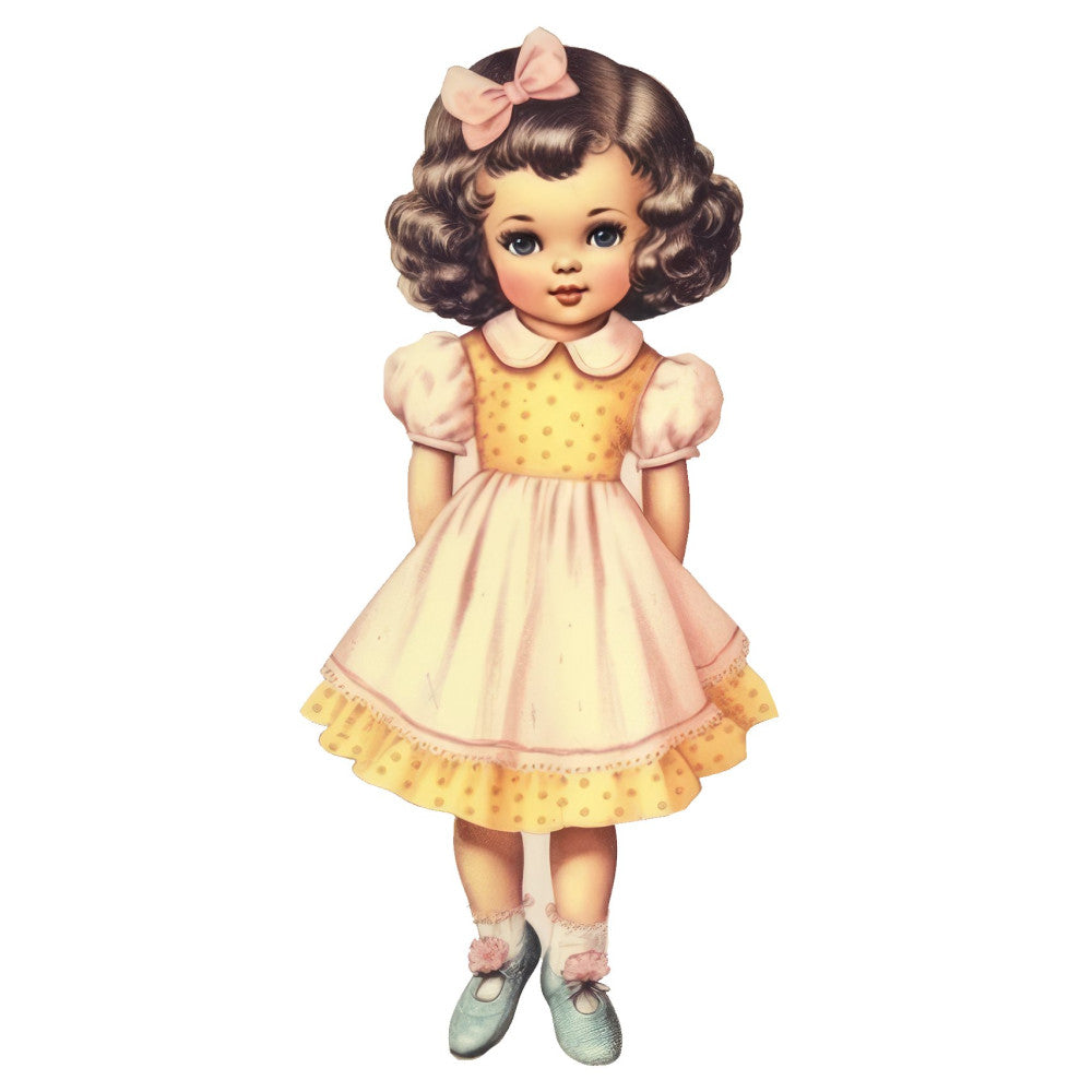 vintage doll, retro girl, sweet face, classic children, nostalgic, 1950s style, yellow polka dots, pale pink, cream, soft pastels, peter pan collar, puffed sleeves, bow hair clip, mary jane shoes, white socks, innocent charm, whimsical, traditional, feminine, baby girl, nursery decor, storybook illustration, children's clothing, baby quilt, wall hanging, sweet vintage, mid-century illustration, doll dress, cheerful yellow, blush pink
