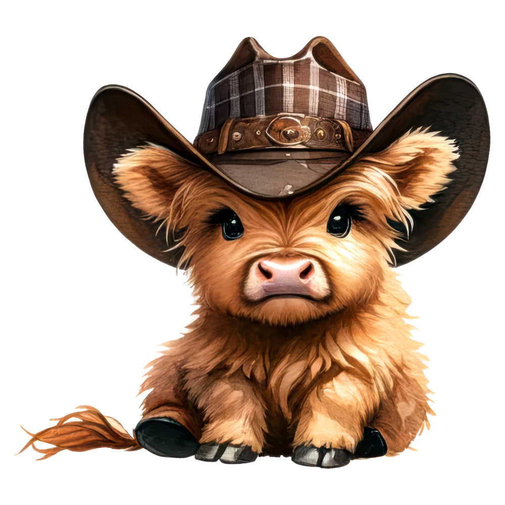 highland cow, western, cowboy hat, plaid, brown, tan, cream, rust, farmhouse, rustic, whimsical, cute animals, cattle, scottish, tartan, country, folk art, novelty, humor, adorable, chunky knit texture, big eyes, steampunk accessories, western style, farm animals, charming, decorative panel, wall hanging, children's fabric, folk inspired