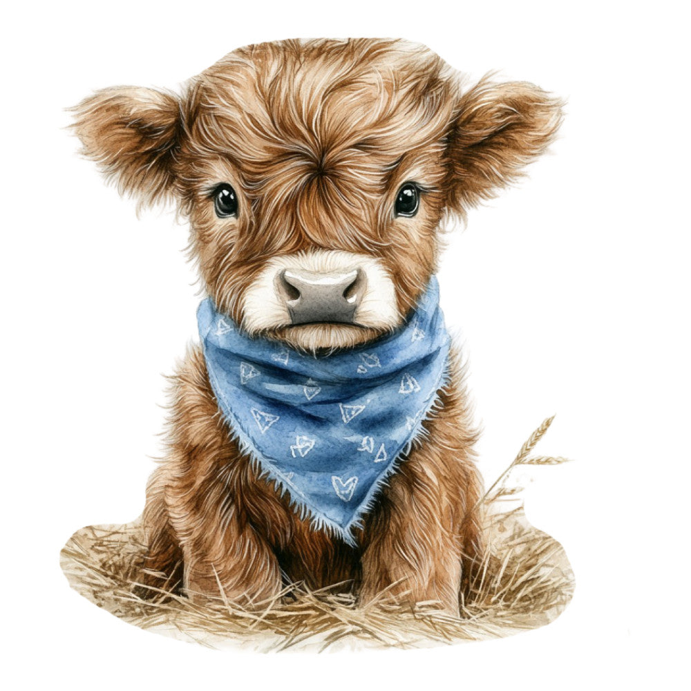 brown, tan, blonde, blue bandana, highland cow, calf, cute animal, fluffy fur, watercolor style, fabric panel, quilting cotton, western theme, farm animal, baby cow, sitting pose, straw hay, triangular pattern, soft colors, whimsical art, country decor