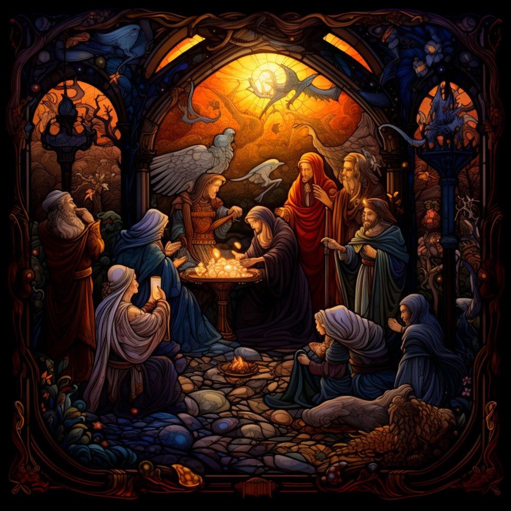 nativity scene, stained glass, fabric panel, religious imagery, holy family, baby jesus, mary, joseph, shepherds, wise men, angels, dove, golden yellow, deep blue, orange glow, purple tones, rich browns, ornate border, christmas theme, biblical characters, sacred art, quilting cotton