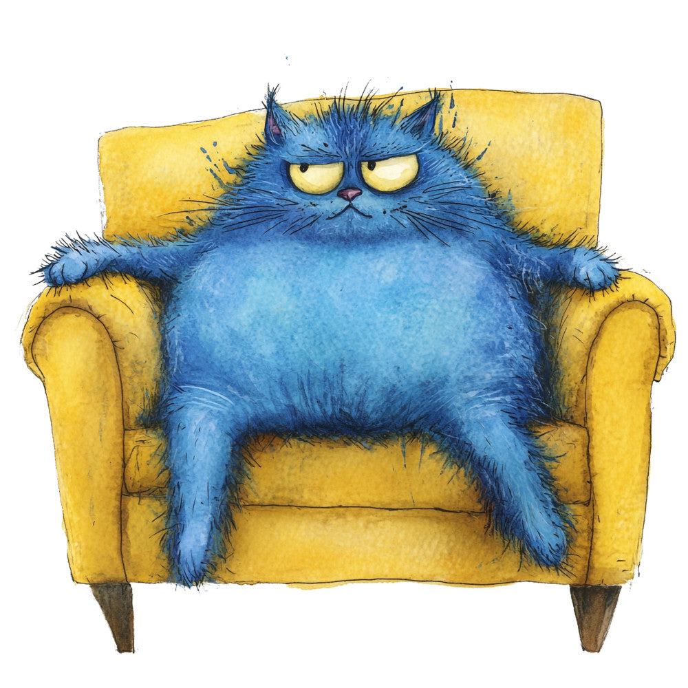 blue cat, yellow chair, grumpy cat, funny animals, whimsical, humorous, cat lover, pet themed, royal blue, golden yellow, mustard yellow, illustration style, watercolor, modern whimsical, contemporary art, cat sitting, lazy cat, cozy home, interior design, decorative panel, wall art, home decor, cat illustration, artistic animals, quirky design, bold colors, casual style, comfort theme, relaxed pose