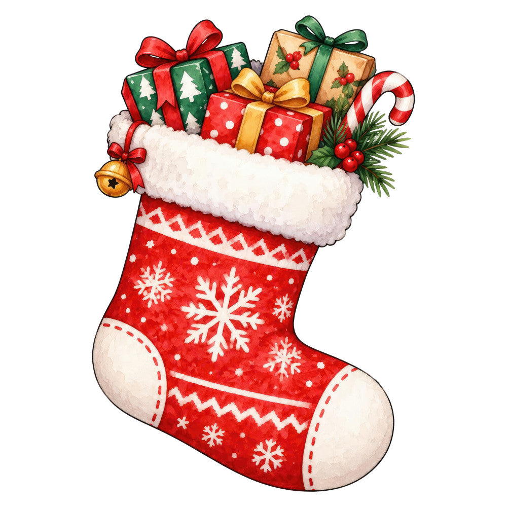 christmas stocking, holiday, red, cream, white, forest green, gold, candy cane, snowflake, geometric, presents, gifts, bows, ribbons, bells, pine branches, berries, festive, traditional, whimsical, winter, seasonal, december, knitwear pattern, fair isle, striped, christmas decoration, vintage holiday, classic christmas, red and green