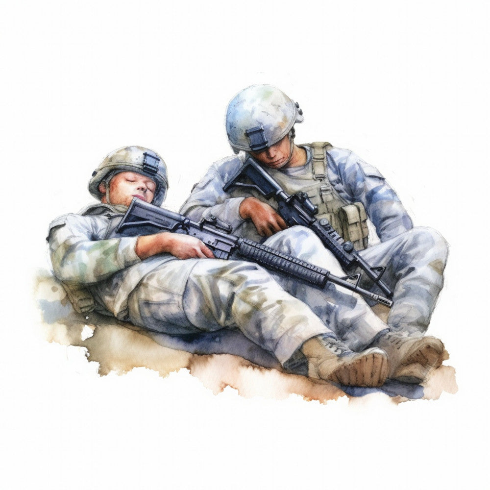military, soldiers, armed forces, camouflage, tan, beige, gray, blue-gray, khaki, desert tones, action, tactical, patriotic, americana, heroic, courage, valor, strength, watercolor, painted effect, realistic, contemporary, military themed, service, duty, combat, defensive positions, armed personnel, soldier portrait, camouflage pattern