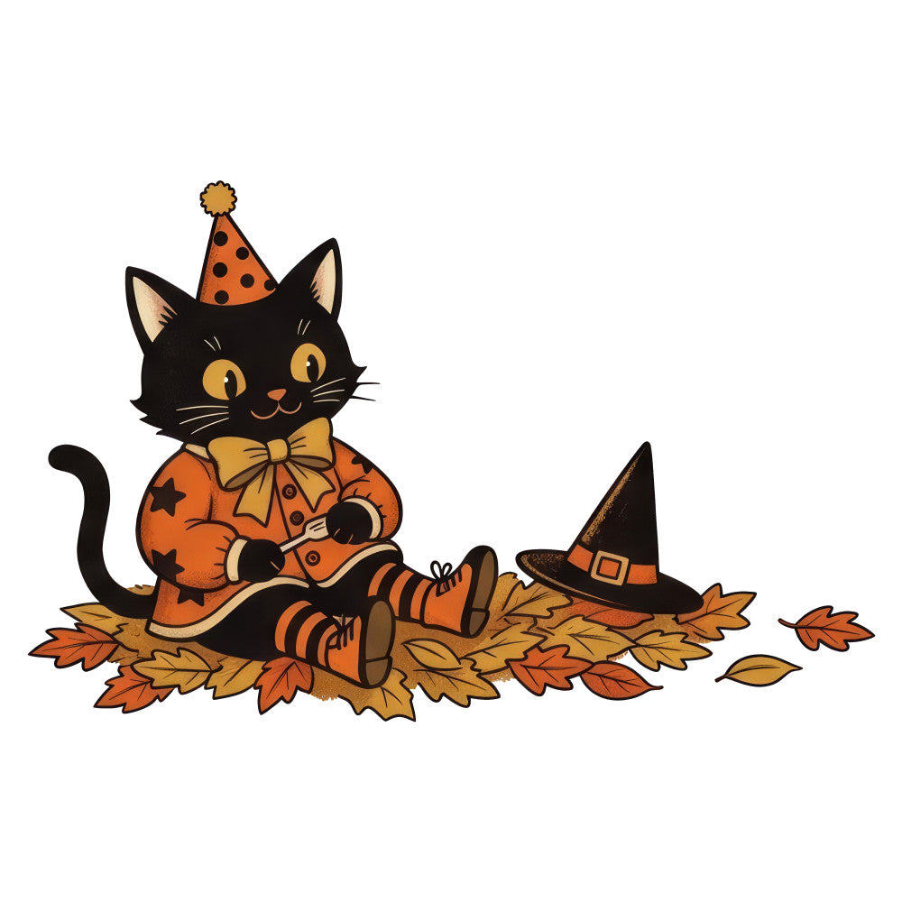 black cat, orange, gold, autumn, halloween, witch hat, party hat, striped socks, bow tie, fall leaves, seasonal, whimsical, festive, holiday, animals, cats, cute, playful, children's, kids, fall themed, october, spooky, fun, cheerful, decorative, novelty, straw, rustic
