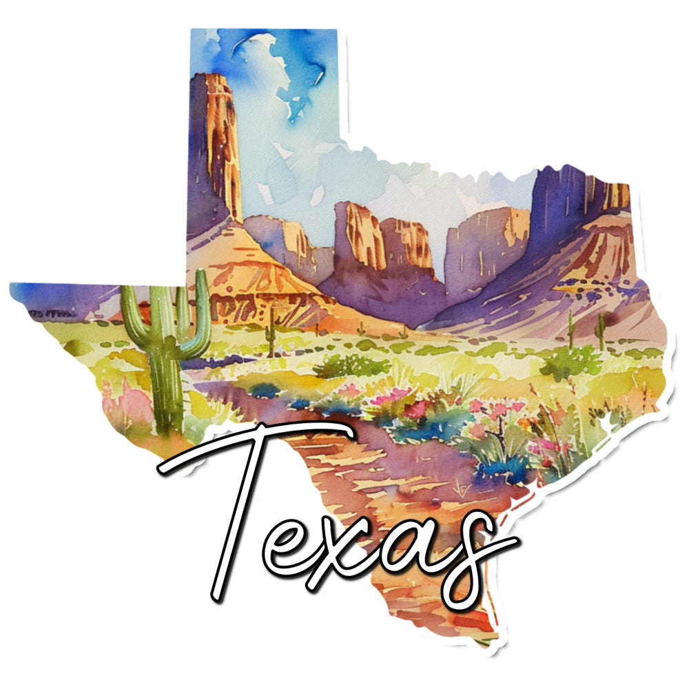 texas state map, desert landscape, monument valley, saguaro cactus, southwestern, turquoise blue, golden yellow, rust orange, dusty purple, sage green, coral pink, vintage travel poster, scenic vista, desert wildflowers, adobe, buttes, mesas, Americana, retro, nostalgic, nature themed, landscape, geographic, travel inspired, wall hanging, home decor, artistic, watercolor style, warm earth tones, regional pride
