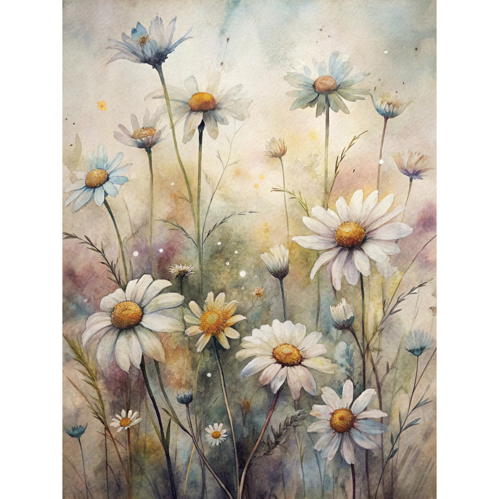 watercolor daisies, white petals, yellow centers, soft pastels, floral meadow, botanical illustration, dreamy atmosphere, muted tones, fabric panel, quilting cotton, wildflower garden, delicate stems, artistic blooms, nature scene, cottage core, gentle colors, textile design, flower panel