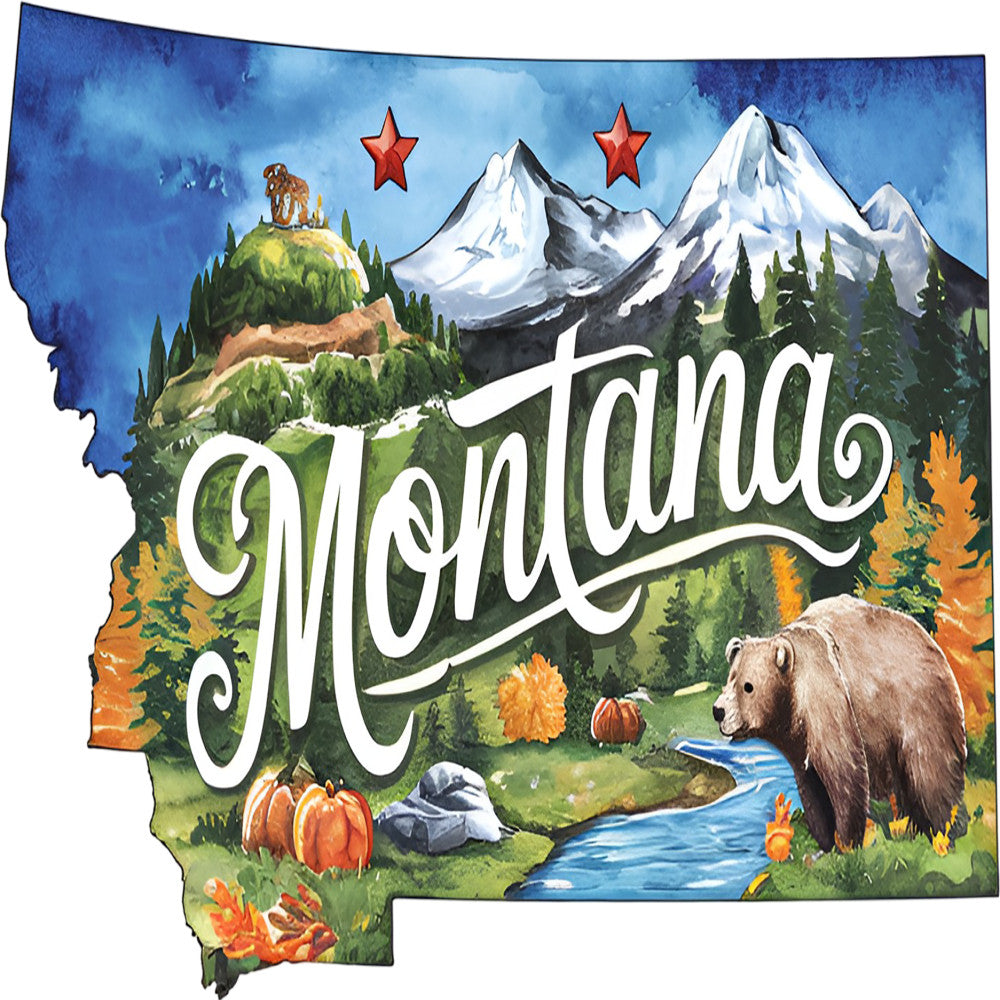 Classic US States Fabric Panel 7 featuring Montana with mountains, bear, river, pumpkins, and forest printed on premium quilting cotton.