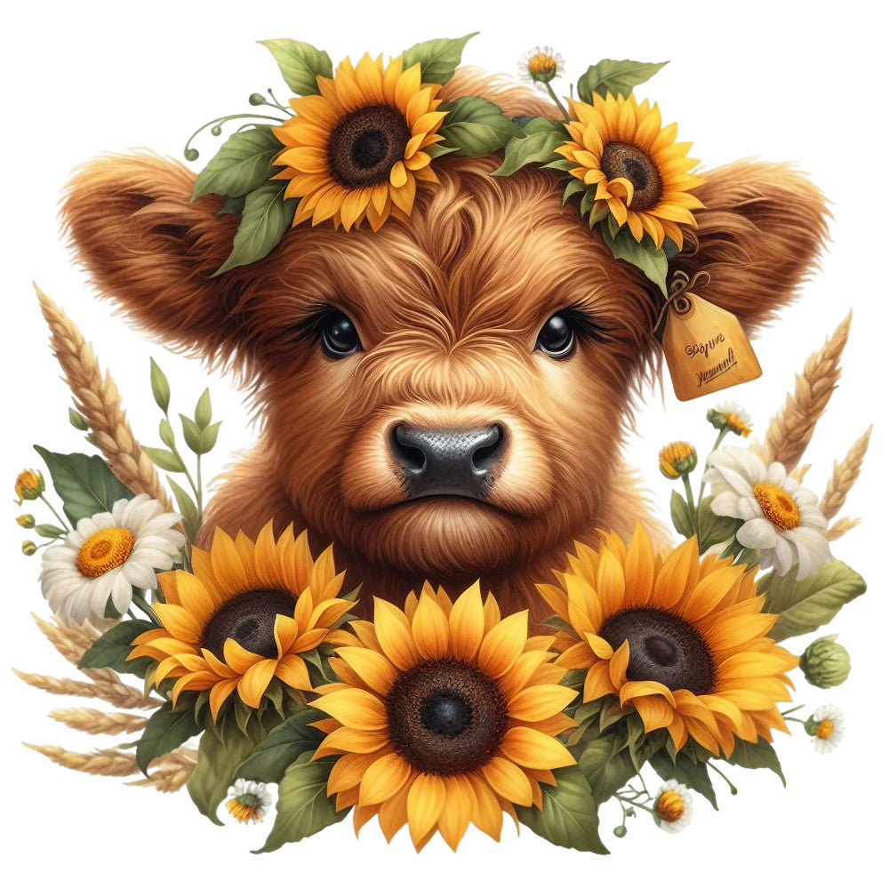 Rustic Sunflower Highland Cows Fabric Panel 3
