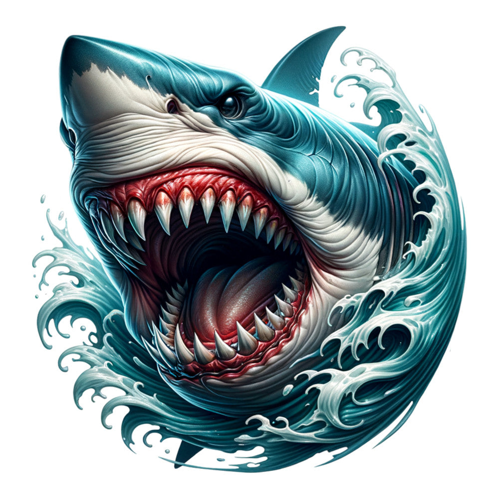teal, turquoise, white, red, cream, shark, angry shark, open mouth, sharp teeth, water splashes, ocean waves, marine life, sea creature, dramatic, fierce, menacing, fabric panel, quilting cotton, nautical theme, aquatic design