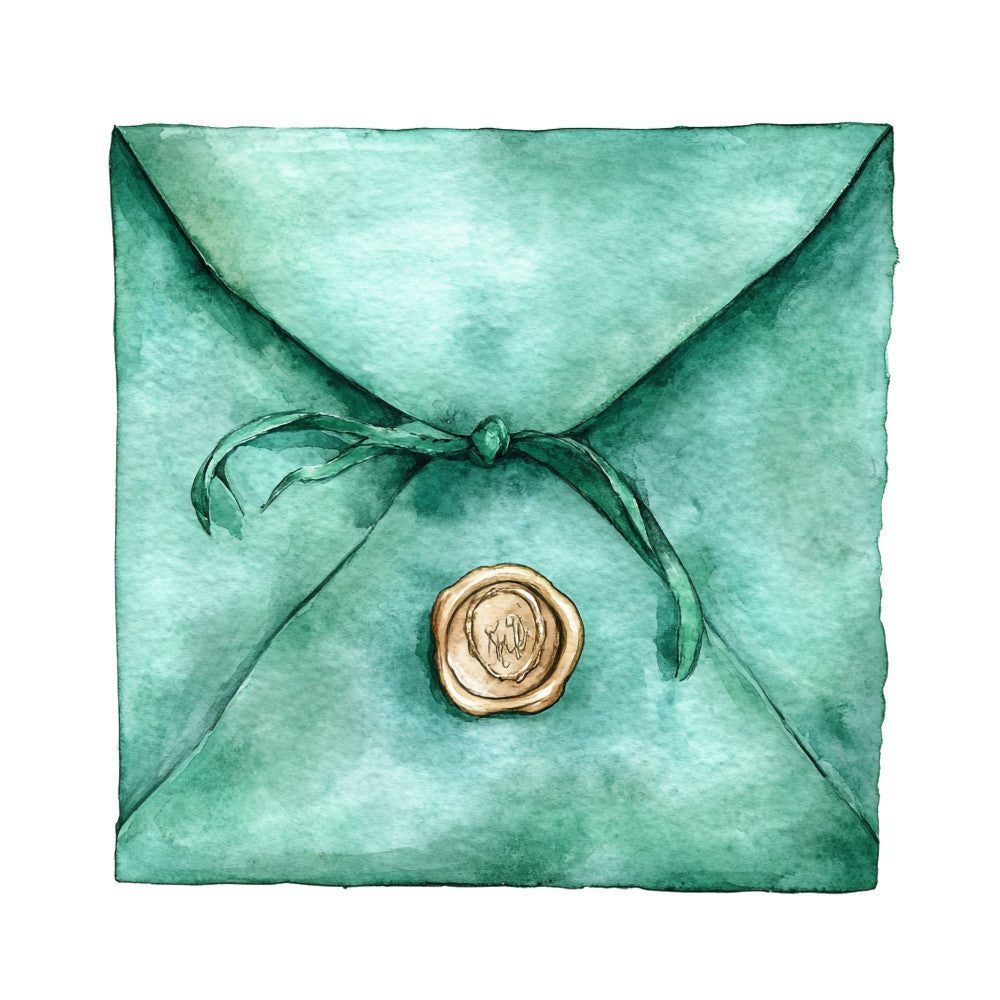 mint green, seafoam, teal, wax seal, envelope, vintage, elegant, botanical, formal, stationery, mail, love letter, romantic, classic, traditional, paper texture, watercolor, whimsical, ribbon, bow, gold accent, correspondence, wedding, invitation, celestial, timeless, luxury, sophisticated, spring, nostalgic