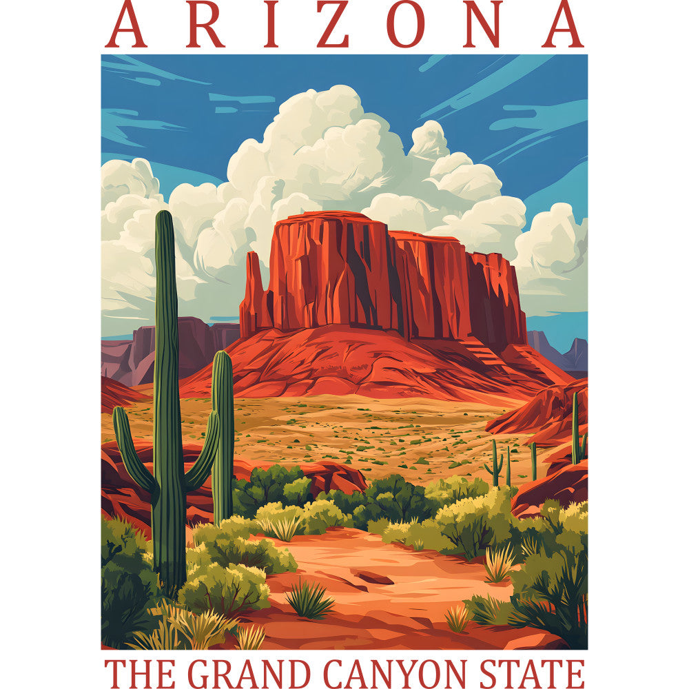 arizona poster, red rock formations, saguaro cactus, desert landscape, vintage travel poster, southwestern scenery, blue sky, white clouds, orange sandstone, green cacti, fabric panel, quilting cotton, retro illustration, mesa buttes, desert flora, americana theme, state tourism, cotton fabric, landscape design, warm earth tones
