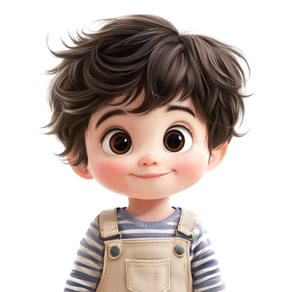 cute character, boy, children's illustration, brown hair, big eyes, whimsical, playful, adorable, sweet face, striped shirt, overalls, beige, cream, navy blue, tan, child-themed, storybook, nursery, baby quilt, kids' fabric, gentle, friendly, animated style, illustration print, character panel, toddler, innocent expression, soft colors, warm tones
