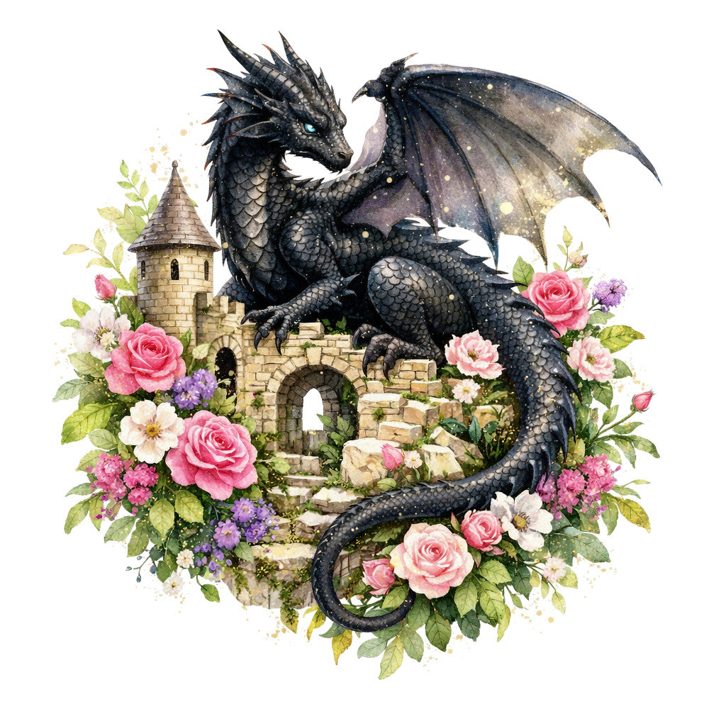 black dragon, castle tower, charcoal gray, dark fantasy, dusty rose, elegant, floral border, fantasy, garden flowers, gothic, ornate, pale pink, purple flowers, romantic, roses, scaled dragon, stone tower, whimsical, winged dragon, botanical, fairytale, mauve, cream, stone architecture, dark romantic, decorative, magical