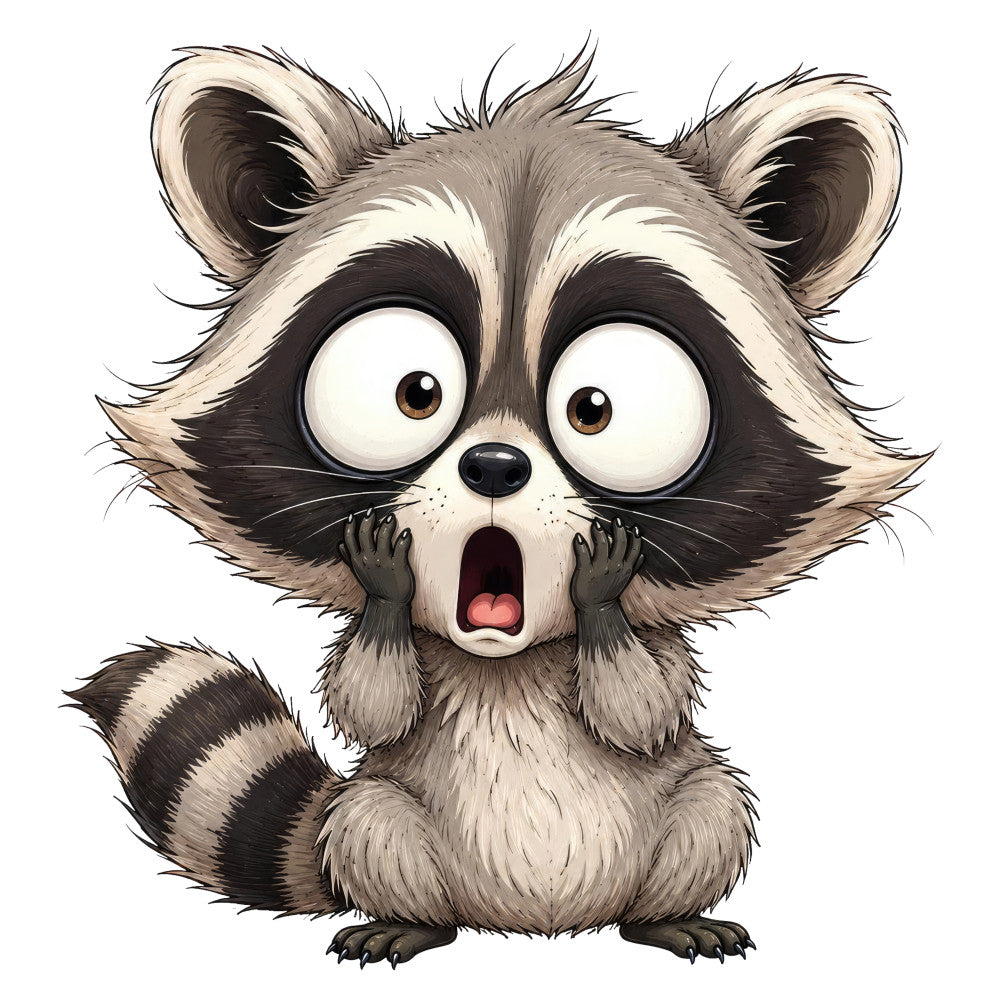 raccoon, woodland animals, forest creatures, whimsical, cute, cartoon, surprised expression, charcoal gray, cream, black, beige, tan, children's, kids, playful, animal faces, wildlife, nature-inspired, illustrated, novelty, contemporary, fun, cheerful, humorous, all-ages, character design, striped tail, expressive eyes