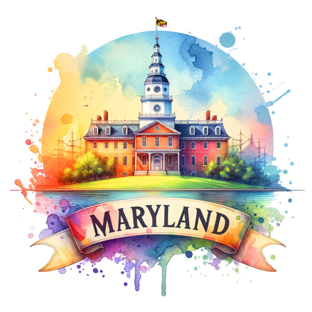 US States Retro Travel Fabric Panel 43 featuring colorful Maryland state building watercolor illustration on premium quilting cotton.