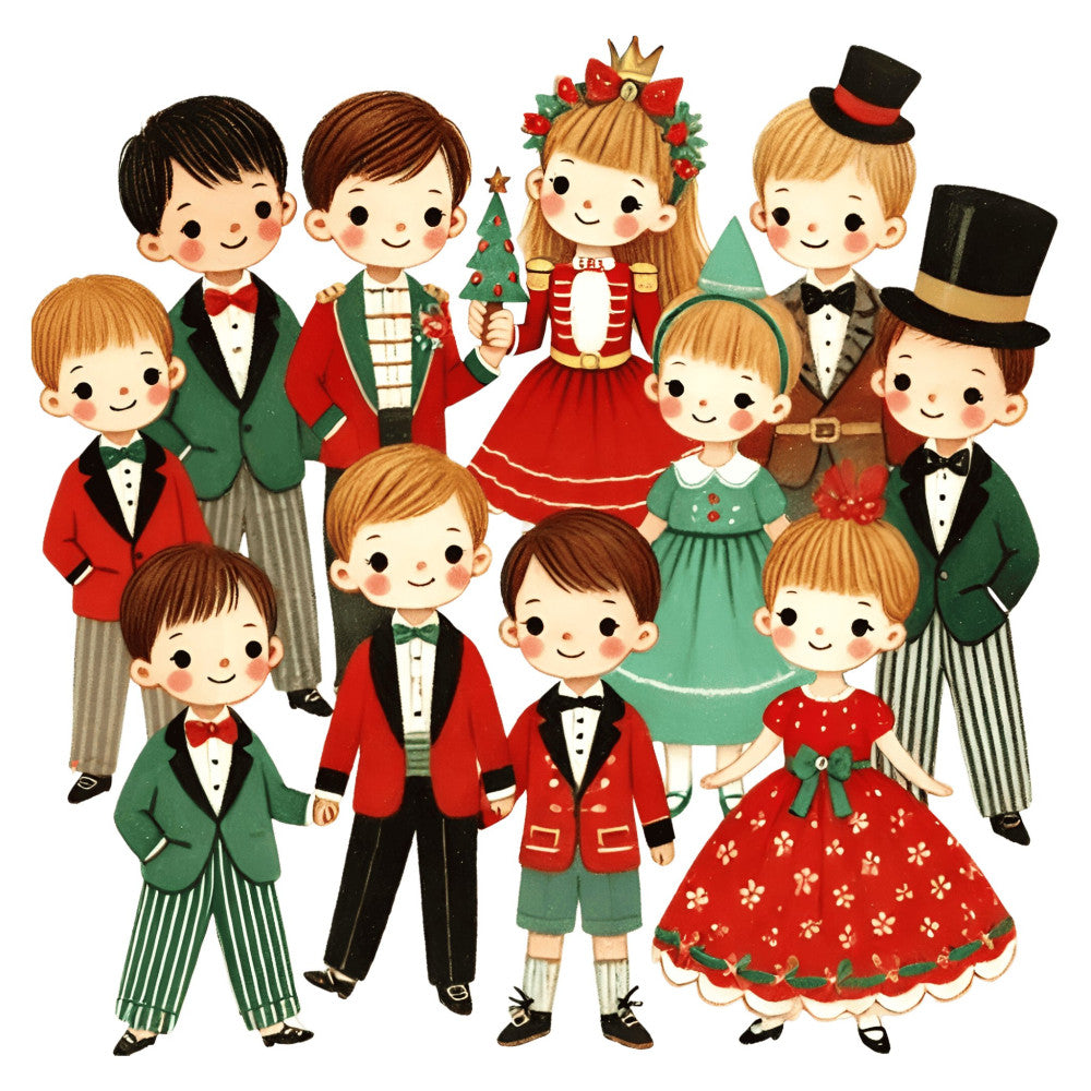 christmas, holiday, vintage, whimsical, children, festive, red, green, gold, cream, ivory, elegant, traditional, retro, carolers, winter, family, dressed up, formal wear, top hats, party, celebration, joyful, cheerful, nostalgic, mid-century, charming, illustration, decorative, seasonal